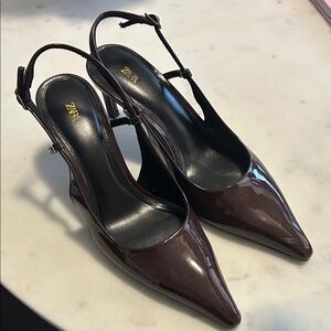 Zara Women's Dark Brown Patent Slingback Heels